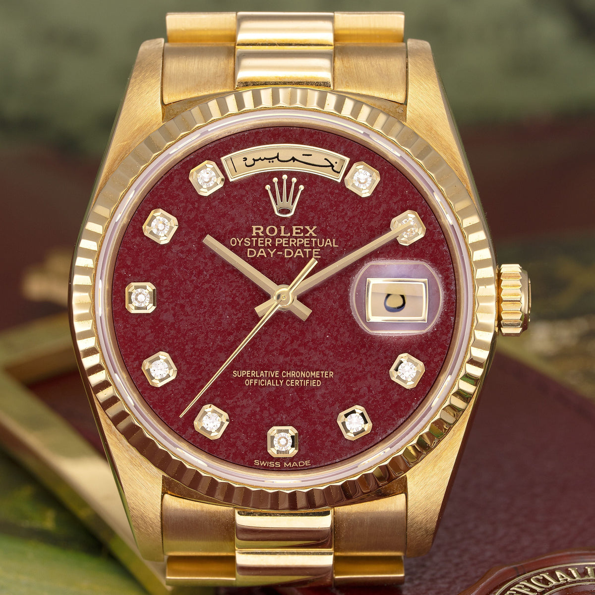 Dial of 36mm Rolex Day-Date “Rubellite Dial” in 18K Yellow Gold