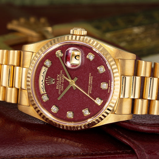 36mm Rolex Day-Date “Rubellite Dial” in 18K Yellow Gold